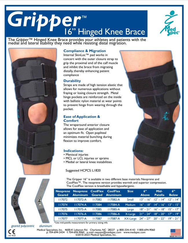 MedSpec Gripper™ 16" Hinged Knee Brace, Neoprene