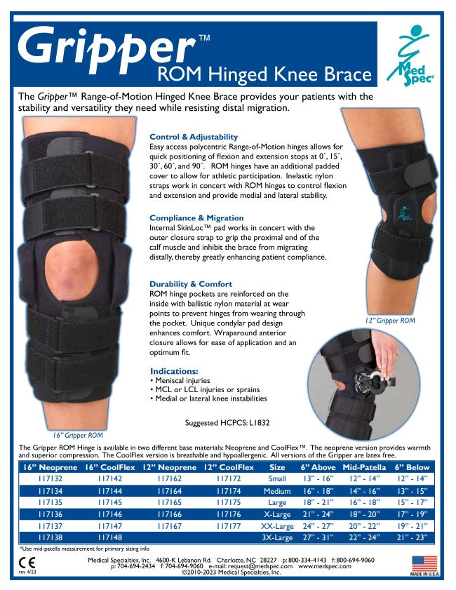 MedSpec Gripper™ 12" Hinged Knee Brace, CoolFlex ROM