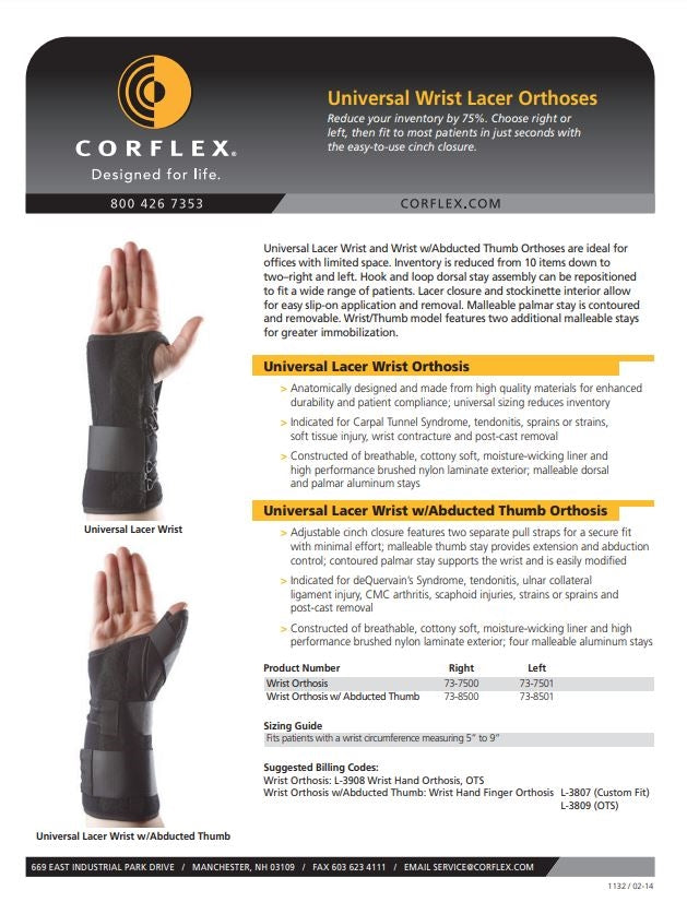 CORFLEX UNIVERSAL LACER WRIST ORTHOSIS W/ ABDUCTED THUMB